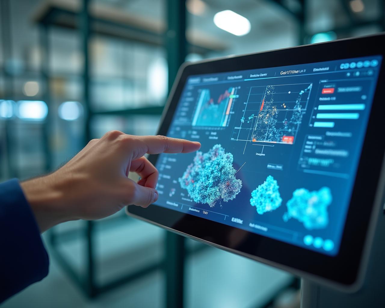 Innenansicht einer modernen Fabrik mit digitalem Interface für Ressourcen-Monitoring
